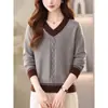 Suéter Feminino Gola V Estilo Coreano Outono Inverno 2026 Novo Estilo Mãe High-End Chique Tricô Solto Camada Base