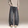 Calça jeans desconstruída lavada para homens, primavera e outono, design reto moderno retrô americano, calça longa solta de perna larga