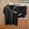 Pijamas Nuevos de Verano para Mujer, Algodón de Imitación Mangas Cortas Shorts, Cárdigans, Conjuntos de Color Sólido, Ropa de Casa Simple con Encaje