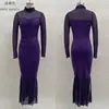 Vestido Largo para Mujer Estilo Europeo y Americano de Sitio Web Independiente Transfronterizo, Color Sólido Patchwork Manga Larga Puro Deseo Sexy Elegante Vestido con Abertura