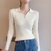 Suéter de punto acanalado estilo francés con cuello polo para mujer, otoño e invierno, con diseño de botones, corte ajustado, versátil, adecuado para el trabajo y como capa base.