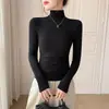 Camiseta Interior de Manga Larga con Cuello Alto Negro para Mujer, Nuevo Estilo Otoño e Invierno, Tejido de Punto con Hilo, Top Delgado y Versátil