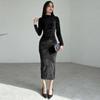 Amazon Ropa de Mujer 2026 Otoño/Invierno Nueva Moda Color Sólido Corte Ajustado Fruncido Cuello Redondo Manga Larga Vestido de Gala para Exportación