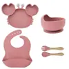 Conjunto de Alimentação de Silicone para Bebê com 4 Peças, Prato com Ventosa de Caranguejo, Babador, Colher e Garfo de Madeira, Autoalimentação para Crianças Pequenas