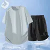 Conjunto de Duas Peças de Secagem Rápida de Verão para Homens, Tecido de Seda Gelada com Malha, Caimento Solto, Para Corrida ao Ar Livre, Fitness, Conjunto Casual
