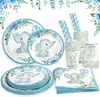Novo Conjunto de Louças de Mesa para Boas-Vindas de Bebê com Tema de Elefante Azul para Meninos Batizado de Bebê Bandeja Decorativa de Papel para Banho Copo de Papel Lenço
