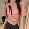 Tiro Real # Camiseta de Manga Corta a la Altura del Hombro con Lazo de Perlas para Mujer 2025 Nuevo Estilo Top Corto Plisado en la Cintura Adelgazante