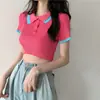 Camiseta corta estilo coreano INS, elegante, con contraste, estilo POLO, informal, de verano, básica, de punto, ajustada, para mujer