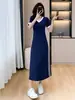 Vestido Negro de Talla Grande con Cuello en V, Cintura Alta, Corte A, Primavera 2026, Casual y Elegante, Rejuvenecedor, Ceñido a la Cintura, Adelgazante, Vestido Largo