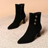 Botas de tornozelo populares de salto alto grosso e bico fino para mulheres, estilo vintage versátil novo de inverno 2026 com zíper lateral e forro de pelúcia