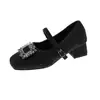 Zapatos Mary Jane gruesos con tacón y adornos de pedrería estilo francés, nueva colección de invierno 2026, forrados de felpa, suaves y acogedores, perfectos para ropa de noche