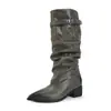 Chuyuji 2026 Nuevos Zapatos para Mujer: Botas Únicas de Punta Puntiaguda con Pliegues y Tacones Apilados, Botas Largas con Hebilla de Cuero, Botas de Caballero, Botas de Mujer de Moda