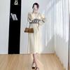 Foto Real Estilo Fragrante Outono e Inverno Celebridade Elegante Ajustado Emagrecimento Comprimento Médio Base Interna Vestido Tricotado de Manga Comprida Mulheres