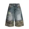 Shorts de Mezclilla Patchwork Camuflaje Retro Americano para Hombre, Verano Calle Hip-Hop Sueltos Casual Nicho Pierna Ancha Acortados