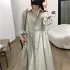 Nova Camisa de Algodão Elegante Estilo Hepburn Vestido de Manga Longa Estilo Coreano Botão Cintura Alta Emagrecedor Acima do Joelho Vestido Plissado