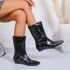 Punta Aguda Punta Cuadrada Versátil Otoño e Invierno Elegante 2025 Botines Cortos que Aumentan la Altura para Mujer Botas Retro de Charol a Media Pantorrilla Negras