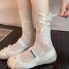 Calcetines Lolita Finos de Encaje de Primavera y Verano para Mujer con Lazo de Corazón Lateral Estilo Ballet Calado Tubo Medio