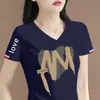 Artículo de marca con excedente de comercio exterior transfronterizo con etiquetas retiradas, camiseta de mujer con cuello en V, manga corta, corte holgado, hombro normal, top de manga corta