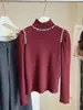 Suéter de Punto de Cuello Alto Medio Estilo Coreano con Cuentas para Mujer, Otoño e Invierno 2025 Nuevo Top Camiseta Básica de Manga Larga Ajustada