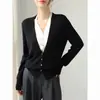 Cardigan de Tricô Color Block V-Neck Estiloso, Falso Duas Peças, para Mulheres, Suéter de Manga Longa para Primavera e Outono, Top Elegante de Corte Justo, Preto