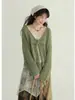 Cárdigan de punto verde con cuello en V y lazada, protector solar, para mujer, camisa fina de verano para aire acondicionado, chaqueta exterior holgada
