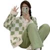 Pijamas a cuadros para mujer, primavera y otoño de 2025, nuevo cárdigan de manga larga, talla grande, otoño e invierno, ropa de casa, ropa exterior.