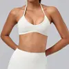 Sujetador deportivo ecológico de poliéster reciclado y spandex con cuello halter en V para mujer, con tirantes ajustables y almohadillas en el pecho para yoga y fitness