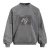 Sudadera con Capucha Estampado Vintage Figura Borrosa para Hombre Primavera/Otoño Holgada Estilo Callejero Lavada Flor Frita Cuello Redondo