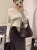 Tejido de Punto Francés para Mujer 2025 Otoño e Invierno Nueva Moda Coreana para Mujer Camisa Base con Solapa en el Hombro para Mujer