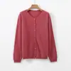 Suéter de lana forrado de polar liso para otoño e invierno, suéter de cachemira para mujer, cárdigan de cuello redondo, prenda exterior casual de punto sin costuras