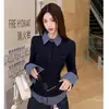 Camisa de Mujer Falsa Dos Piezas con Cuello Polo, Temporada de Primavera y Otoño, Diseño Moderno, Corte Ajustado, Camiseta de Manga Larga, Top Base