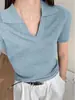 Camisa Polo de Alta Gama Tejida de Manga Corta para Mujer Verano Nuevo Top de Seda de Hielo Delgado Cuello Corto Camiseta Hombro Derecho