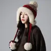 Gorro Estilo Coreano para Mujer en Invierno, Lindo Gorro de Punto con Pompón para Circunferencia de Cabeza Grande, Gorro Protector para el Viento de Otoño, Protección para los Oídos y Gorro Cálido