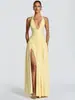 Vestido de noche estilo europeo y americano con cuello halter, escote en V profundo, falda larga plisada, abertura alta, elegante vestido para sesión de fotos en la playa, fiesta