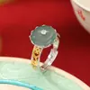Anel Yuebao Joias Prata Esterlina S925 Banhado a Ouro Jade Azul Água Ruyi Retrô Anel de Prata com Fivela Segura de Design Vazado