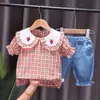 Comércio Exterior Moda Infantil Verão Novo Estilo Camisa de Menina Moda Tendência com Cereja Fofa Xadrez Camisa de Manga Curta Peça Dupla Tendência