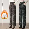 Pantalones de Pierna Ancha con Flores 1030 Forro Polar Ropa Exterior Base Sueltos Estilo Chino Pantalones para Mujer de Mediana Edad Pantalones Largos para Madre de Mediana Edad