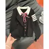 Bordado de cachorrinho com laço Gola polo Cardigã de tricô estilo faculdade coreana feminino outono suéter de tricô trançado jaqueta top