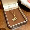 Novo Colar de Aço Titânio com Pingente de Trevo de Quatro Folhas e Estampa de Flores Duplas para Mulheres, Corrente de Clavícula Exquisita com Zircônia da Moda, Joias Estilo Luxo Leve