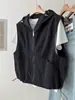 Chaleco de trabajo retro estilo coreano con capucha y bolsillos grandes para mujer, chaqueta sin mangas con cremallera versátil para primavera y otoño, para usar en capas
