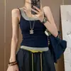 Camisola Estilo Coreano com Painéis de Cores Contrastantes Falsa Peça Dupla Feminina para o Verão Peça Externa Afinando Corpo Roupas de Menina Hot Sem Mangas