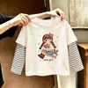 Blusa listrada de algodão puro para meninas, um novo estilo primavera/outono, disponível nos tamanhos médio e grande, camiseta de manga comprida para crianças, camiseta de bebê da moda