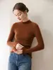 Suéter de Cashmere Listrado Estilo Suave Feminino Gola Alta Meio Slim Fit Pulôver Malha Camada Base Suéter Outono/Inverno Peça Versátil para Usar por Baixo