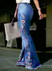 Pantalones acampanados de mezclilla azul oscuro, vintage, bordados, de tiro medio, largos hasta el suelo, para mujer, para todas las estaciones, transfronterizos