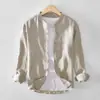 L942 camisa pequeña fresca de cuello mao para hombre lino manga larga corte slim color sólido cuello pequeño camisa blanca algodón lino cuello redondo