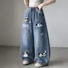 Jeans de Pierna Ancha con Parche Bordado de Perro Pequeño y Patchwork para Niñas 2026 Otoño Nuevos de Cintura Alta Adelgazantes Versátiles de Moda