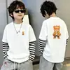 Camiseta Listrada Falsa de Duas Peças com Manga Longa para Meninos, Tamanhos Médio a Grande, Camiseta 100% Algodão, Gola Redonda Bonita, Camada Base Infantil para Outono