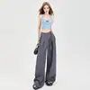 Traje Negro con Cinturón de Lazo Pantalones Casuales de Pierna Ancha para Mujer Nuevo Estilo Primavera 2026 Pantalones Fluidos de Cintura Alta que Cubren la Cadera de Largo Hasta el Suelo