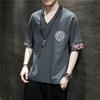 Camiseta de Lino de Manga Corta para Hombre Verano Estilo Chino Bordada Cuello en V Camiseta Retro Traje Tang Hanfu Top Chino para Hombre Delgada