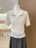 Top de Malha Manga Curta Gola Polo Verde Claro Estilo Old Money para Mulheres, Verão Respirável Vazado Seda de Gelo Slim Fit Temperamento Top Curto